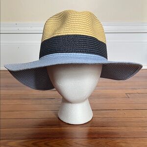 J.Crew Preppy Colorblock Straw Vacation Sun Hat | Blue, Tan & Black Size S/M